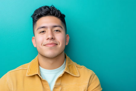 Confident young man smiling, showing happiness and youth against a vibrant teal background. Expressing positive emotionsの素材