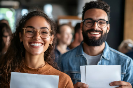 Young diverse students smiling, holding important papers after a successful event. Celebrating achievements and future prospectsの素材