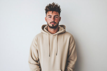 Stylish young man with spiky hair and beard wearing a beige hoodie, looking directly at camera with neutral expressionの素材