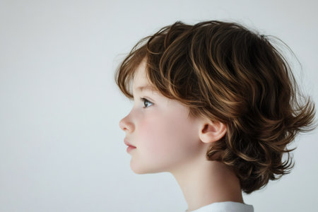 Young child with short wavy hair looking towards the future. A profile view conveying curiosity, contemplation, and innocenceの素材