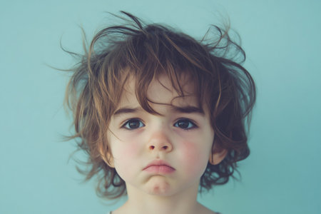 Close up of a young child with tousled hair and furrowed brows, looking serious against a soft blue backgroundの素材