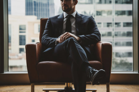 Elegant businessman sitting confidently in a modern office armchair, hands clasped, looking out a large window at city buildingsの素材