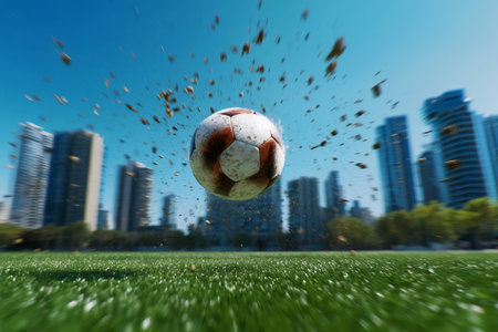 Soccer ball in dynamic action, dirt flying from impact over a vibrant green grass field, blurred city skyline in backgroundの素材