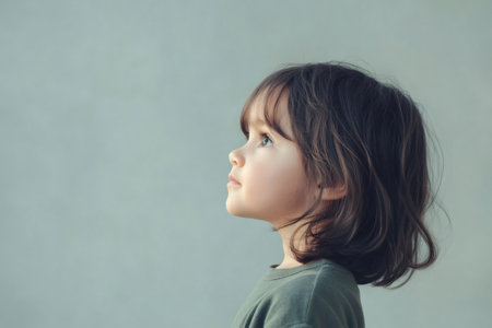 Child profile gazing upward with wonder and curiosity, evoking hope, dreams and thoughtful contemplation against blank spaceの素材
