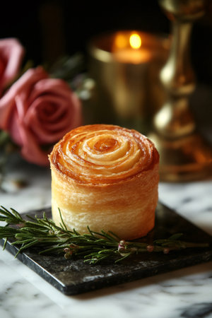 Delicious sweet pastry with flaky layers and golden brown crust on a dark marble coaster with fragrant rosemary sprigsの素材