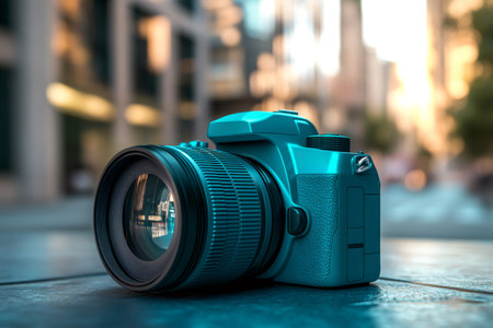 DSLR camera in a vibrant teal color, reflecting city lights, showing modern photography technology and creative visionの素材