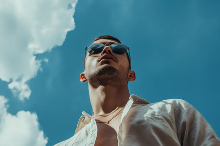 Young man wearing sunglasses and an open shirt looking upwards to a clear sky, conveying ambition and freedomの素材