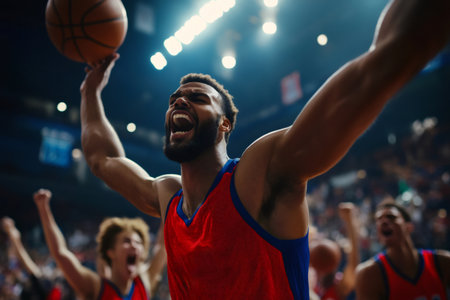 Energetic basketball player raising arms, holding ball, celebrating a win with teammates on a court under bright stadium lightsの素材