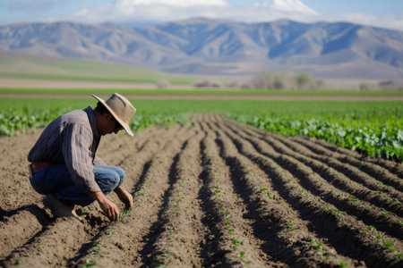 Farmer in work clothes and hat is planting new seedlings, tending to rows of fresh crops in an agricultural fieldの素材