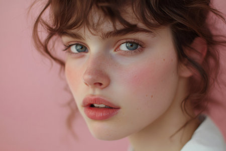 Young woman looking at viewer, showing fresh skin, freckles, rosy cheeks, and expressive blue eyes against a pink backgroundの素材