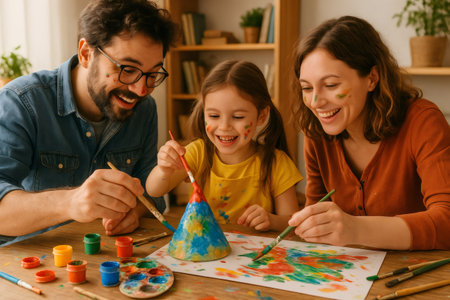 Parents and daughters having fun painting a cone shaped object and paper with colorful paints, laughing during a creative pastimeの素材
