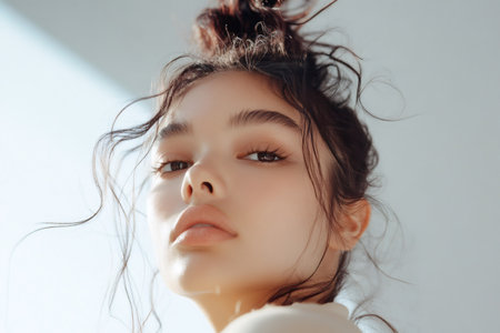 Young woman with a wet, messy bun hairstyle showcasing natural beauty, fresh skin and a confident expressionの素材