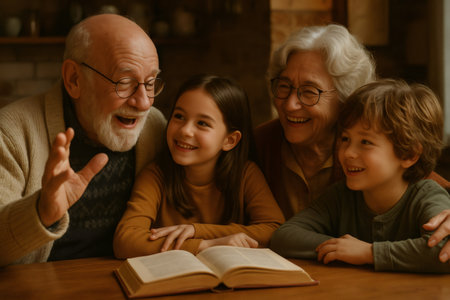 Grandfather telling story to young boy and girl, grandmother smiling while listening. Family enjoying togetherness, learning, and heritageの素材
