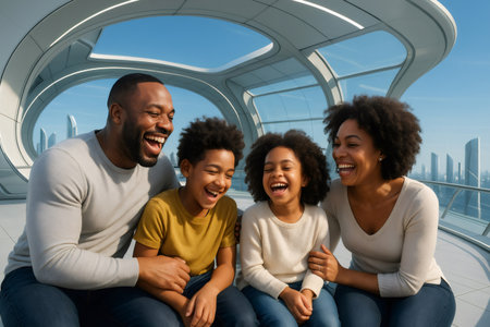 African American family laughing heartily in a modern futuristic city environment, expressing joy, happiness and togethernessの素材