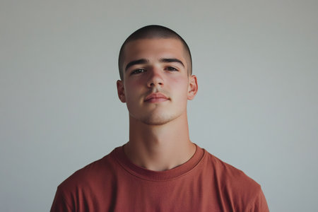 Male model with buzz cut and serious gaze in t shirt, front studio headshot against plain neutral background conveying confidenceの素材