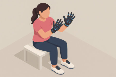 Woman performing hand exercises with advanced digital gloves, interacting with augmented reality for rehabilitation or trainingの素材