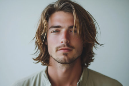 Confident young man with long wavy blond hair and light eyes, studio headshot capturing natural, thoughtful, calm masculinity and styleの素材