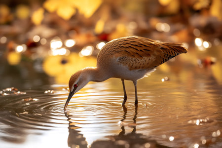 Limpkin bird foraging for food in shallow golden wetland water during beautiful sunset light creating reflections and ripplesの素材