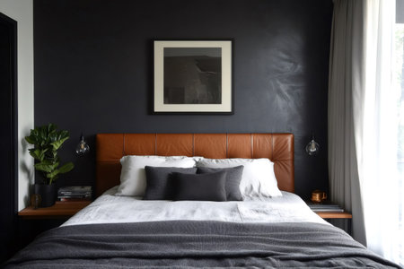 Modern bedroom interior featuring simple design, a comfortable bed with a leather headboard against a dark accent wallの素材