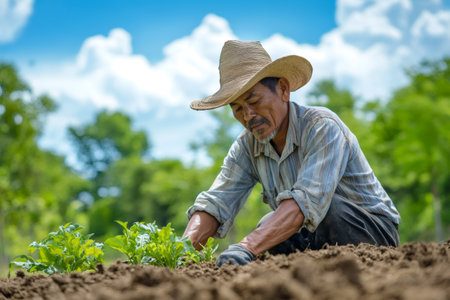 Farmer in straw hat carefully planting young organic plants in fertile soil under a blue sky, representing sustainable agricultureの素材