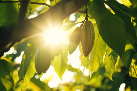 Unripe cocoa pods hanging on a tropical tree branch, backlit by bright sun rays creating a warm glowの素材