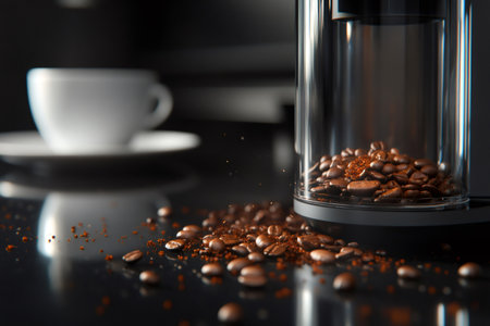 Coffee beans and ground powder spilling from a grinder on a black surface, preparing a fresh morning beverageの素材