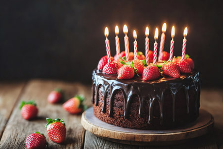 Chocolate cake topped with fresh strawberries and lit birthday candles, creating a festive celebration scene on a wooden tableの素材