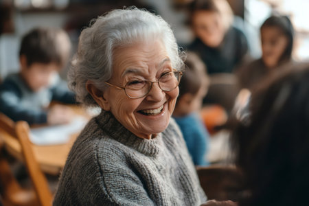 Happy elderly woman laughing during a social gathering, sharing a joyful moment with family or community membersの素材