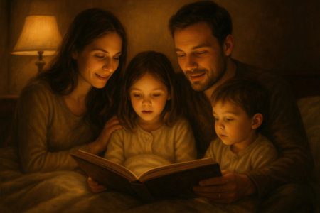 Family reading a book together in bed, sharing a special moment of connection and imagination during storytimeの素材