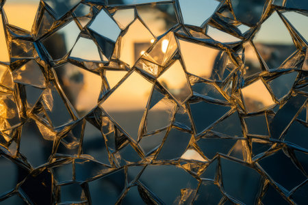 Abstract composition of broken glass pieces creating a textured mosaic with warm and cool reflections, showing distortion and lightの素材