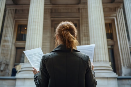 Woman reading important papers against the backdrop of a grand institutional building, processing critical informationの素材