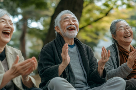 Group of happy senior Asian adults laughing and clapping, participating in a cheerful outdoor activity. Fostering friendship and joyの素材