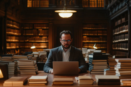 Man in suit and glasses researching on a laptop surrounded by stacks of books in a traditional university libraryの素材