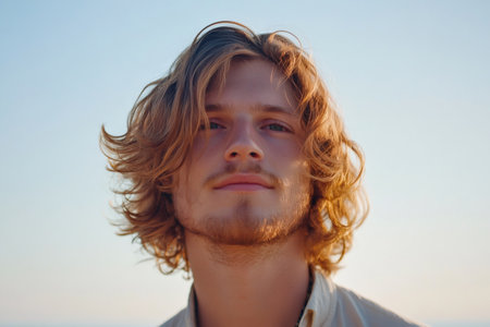 Portrait of a handsome young man with shoulder length wavy hair and light beard, bathed in golden hour sunlightの素材