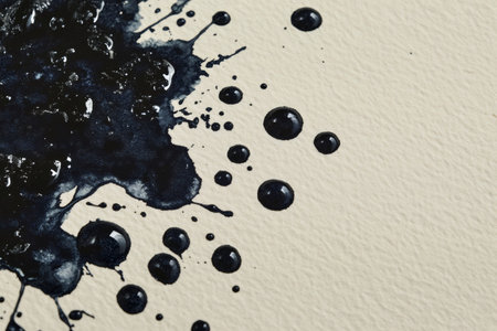Dark black ink dropping and spreading on light beige textured paper, creating abstract artistic shapes and shiny bubblesの素材