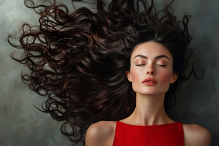 Woman with long dark wavy hair fanned out, lying peacefully with eyes closed in a red top, serene and elegant portraitの素材