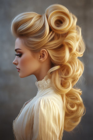 Blonde woman showing intricate high voluminous ponytail with playful curls, wearing an elegant vintage style dressの素材