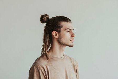 Young man with long sleek hair tied in a trendy man bun, posing in profile against a simple backgroundの素材