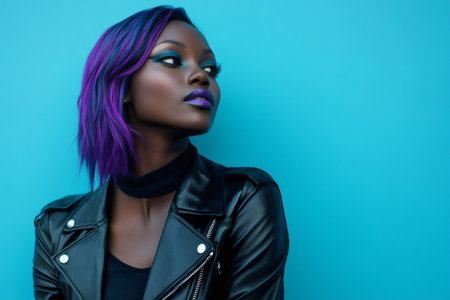 Young woman looking away, expressing fashion, individuality, and confidence with bold makeup and dyed hairの素材
