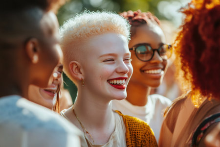 Group of diverse women laughing outdoors, featuring a young woman with albinism happily smiling, celebrating inclusion and friendshipの素材