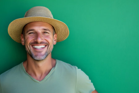 Happy man wearing a sunhat and green t shirt, smiling widely against a vibrant green background, showing joy and positivityの素材