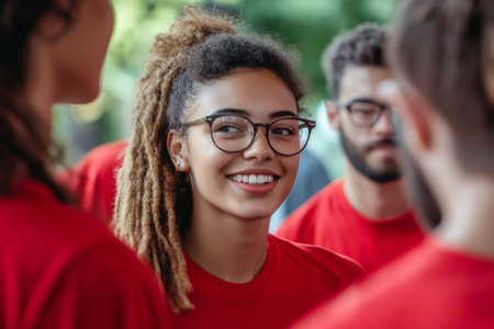 Cheerful young woman with dreadlocks and glasses actively participating in a group discussion, wearing a red t shirtの素材