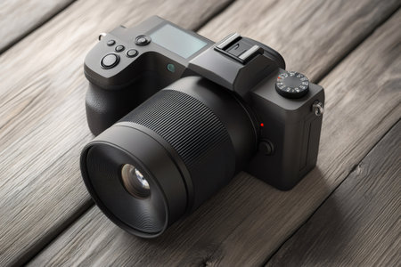 Advanced mirrorless camera body with a prime lens on a textured wood surface, representing professional photography equipmentの素材