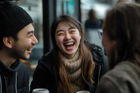 Asian woman smiling widely and laughing with friends, sharing happiness and good news in a cafe settingの素材
