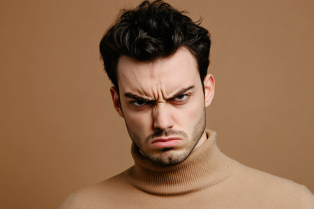 Young man wearing a turtleneck, furrowing brows and frowning, depicting deep frustration or irritation, looking intentlyの素材