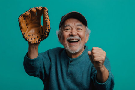 Enthusiastic senior man laughing joyfully, holding a baseball glove, and making a fist, celebrating a winの素材