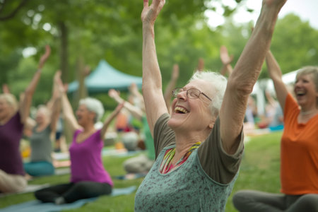 Group of smiling senior women practicing yoga outdoors, raising arms in exercise, promoting active healthy aging and happinessの素材