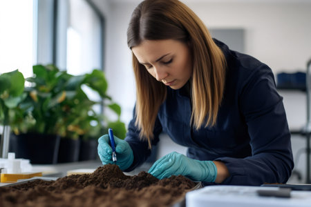 Female scientist gloves wearing closely examining soil samples in a laboratory setting, performing agricultural researchの素材