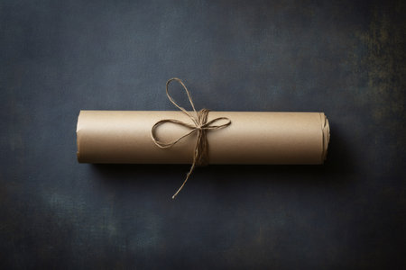 Kraft paper roll tied with a rustic twine bow, resting on a textured dark surface, offering copy space for messagesの素材