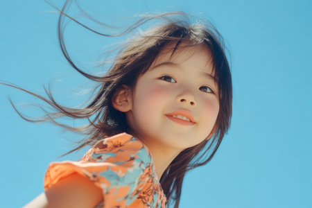 Young Asian girl looking up with a happy smile outdoors under a blue sky, her hair gently blowing in the windの素材